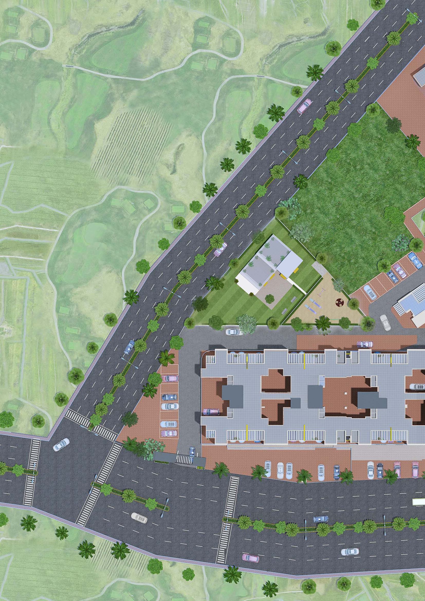 Mount Brisa total project layout with road, parking, clubhouse, and garden spaces