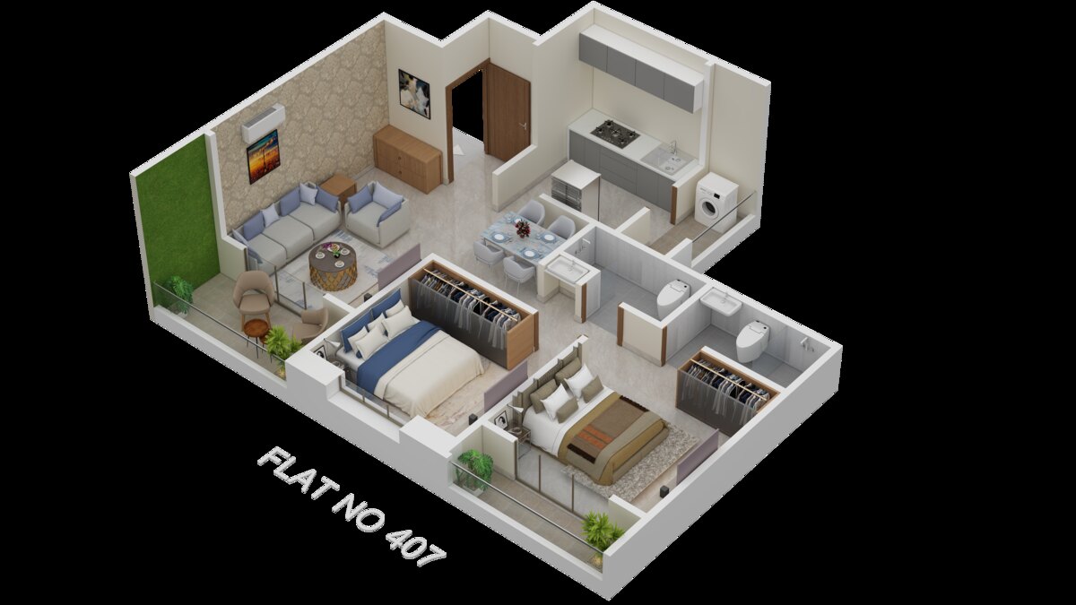 Oxygreens Flat No. 407 - 2 BHK 3D floor plan