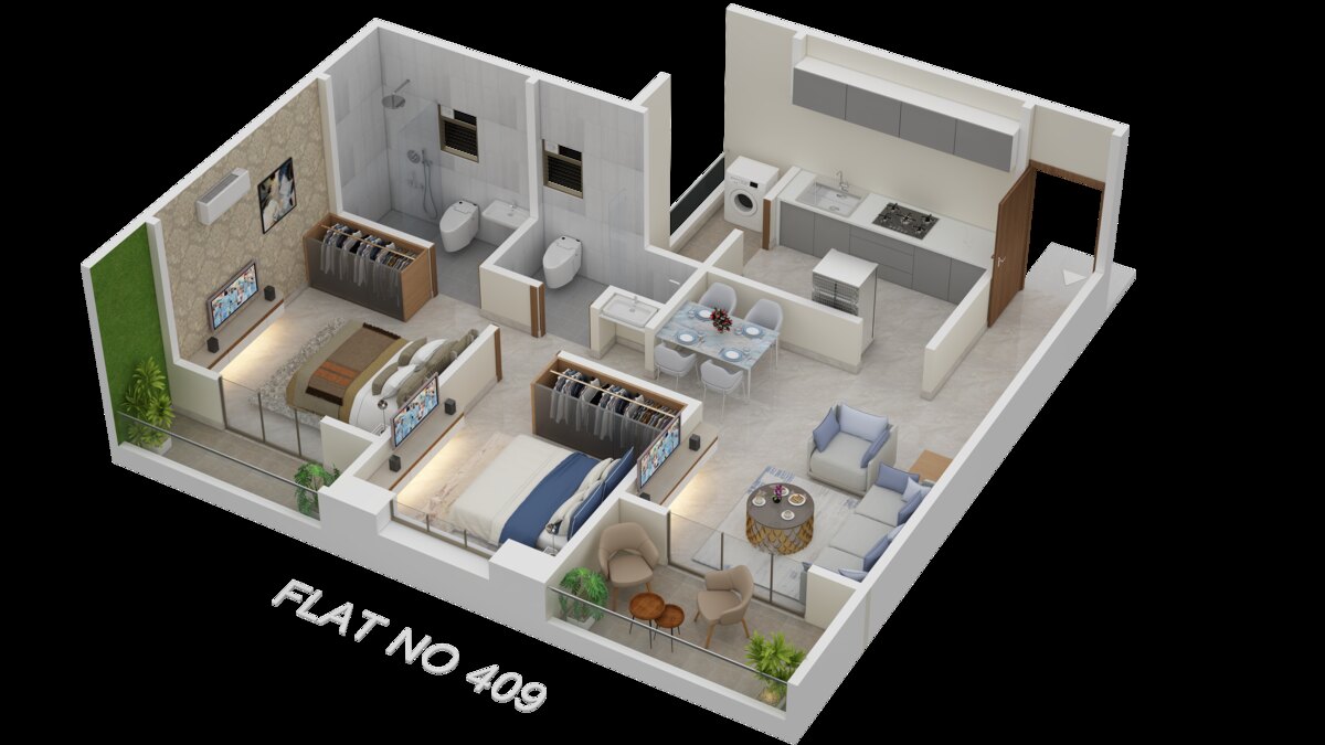 Oxygreens Flat No. 409 - 2 BHK 3D floor plan